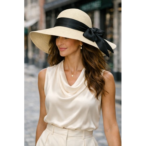 Straw Big Rim Hat w/ Bow - Ivory - HT-M223IV